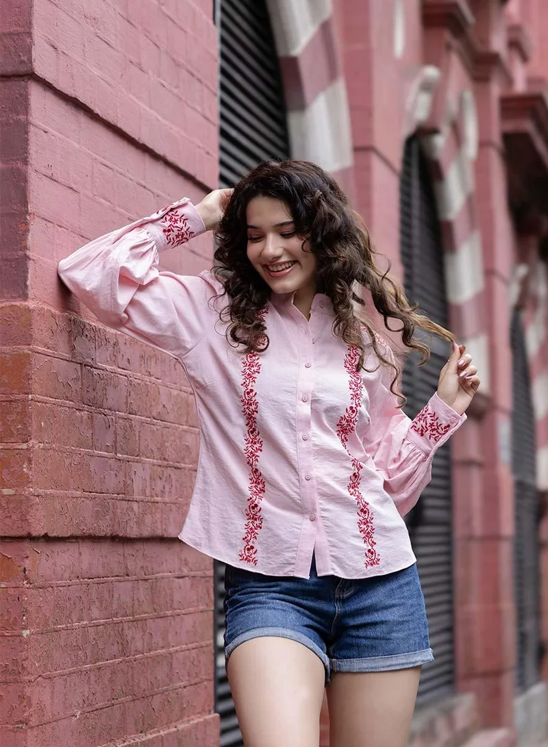 Zigzag  Mandarin Collar Sleeve Embroidered Top for Women | Best Price UAE
