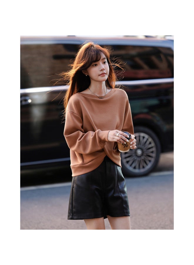 Mt Gentle Collarbone Killer Autumn Off-shoulder Knot Soft Air Layer Casual Slimming Sweatshirt For Women - Image 1