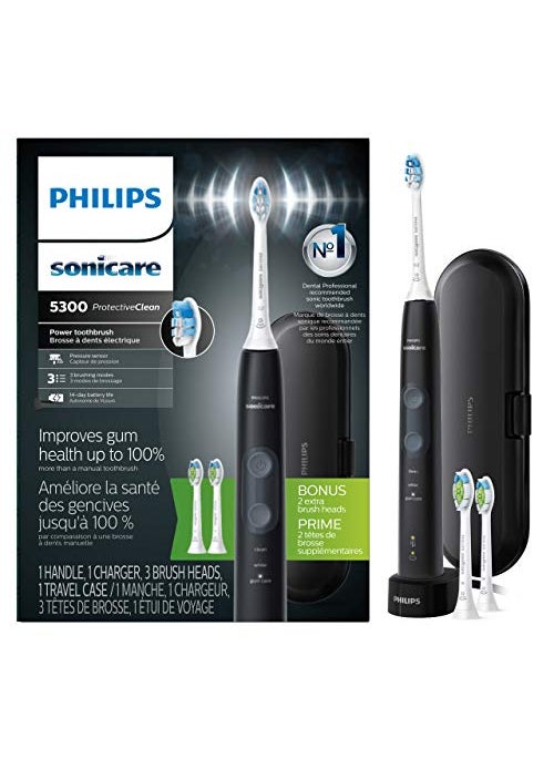 PHILIPS SONICARE Philips Sonicare ProtectiveClean 5300 Rechargeable Electric Toothbrush, with Pressure Sensor, 3 Cleaning Modes, SmarTimer and QuadPacer, with 2 Bonus Brush Heads, Travel Case, Black, Model HX6423/34 