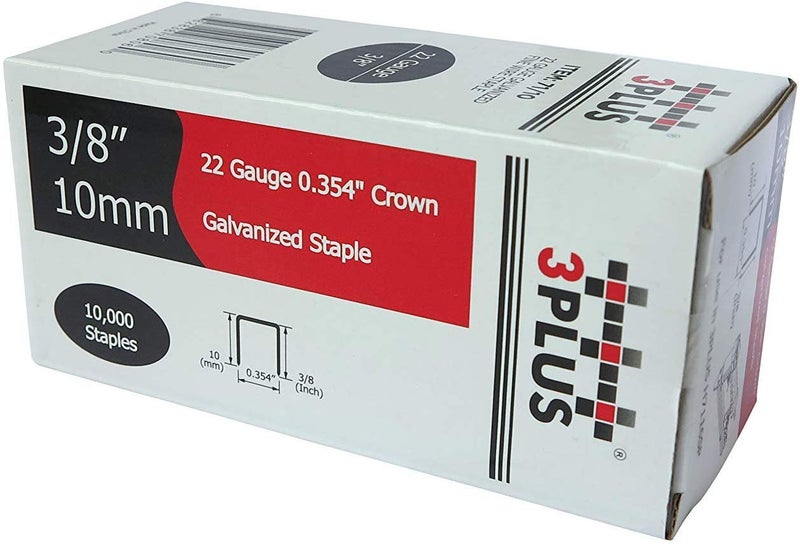 3PLUS 71/10 22 Gauge 3/8-Inch (9mm) Crown 3/8-Inch Leg Length Galvanized Fine Wire Staples, 10,000 per Box, 71 Series Staples - Image 1