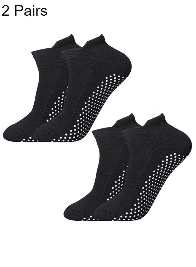 YJ 2 Pairs Pilates Yoga Socks - Thickened Towel Bottom Non-Slip Floor Socks for Early Education, Trampoline, Ballet, Dance, Barefoot Workout - Skid Sticky for Men Women (Black) - Image 1