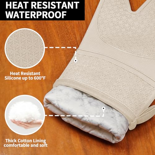 Hovico Silicone Oven Mitts, Heat Resistant 500F Kitchen Mitts 2PCS, 11.6" BPA-Free Soft Baking Gloves, Non-Slip Grip Oven Gloves with Soft Cotton Lining for Kitchen Cooking Baking BBQ - Apricot - Image 3