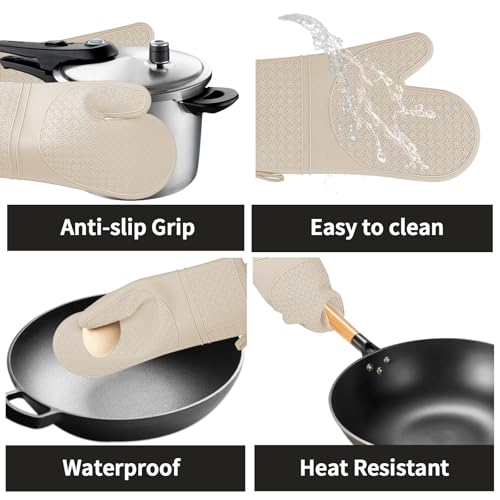 Hovico Silicone Oven Mitts, Heat Resistant 500F Kitchen Mitts 2PCS, 11.6" BPA-Free Soft Baking Gloves, Non-Slip Grip Oven Gloves with Soft Cotton Lining for Kitchen Cooking Baking BBQ - Apricot - Image 4