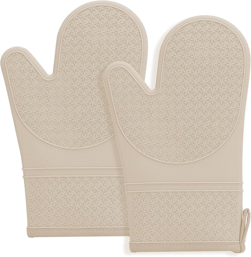 Hovico Silicone Oven Mitts, Heat Resistant 500F Kitchen Mitts 2PCS, 11.6" BPA-Free Soft Baking Gloves, Non-Slip Grip Oven Gloves with Soft Cotton Lining for Kitchen Cooking Baking BBQ - Apricot - Image 1
