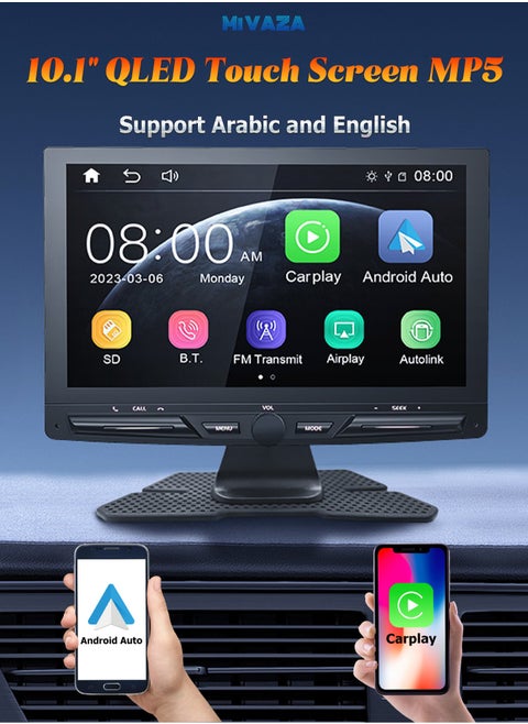 Wireless CarPlay with 10.1 Inch QLED Screen - Supports Apple CarPlay and Android Auto - Portable MP5 with DSP Chip - Wireless Mirroring - 30-band Equalizer - Wifi, Bluetooth, FM - Car Console Adapter