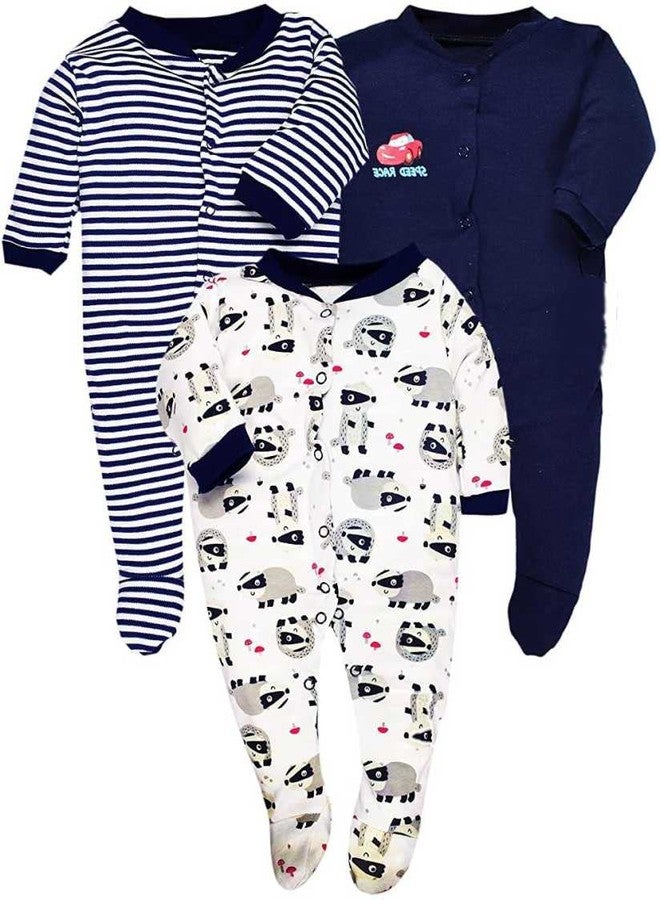 TiniBerry Baby Long Sleeve Cotton Full Body Sleep Suit, Romper for Boys and Girls Set of 3 (3-6 Months, Nevy Blue) - Image 1