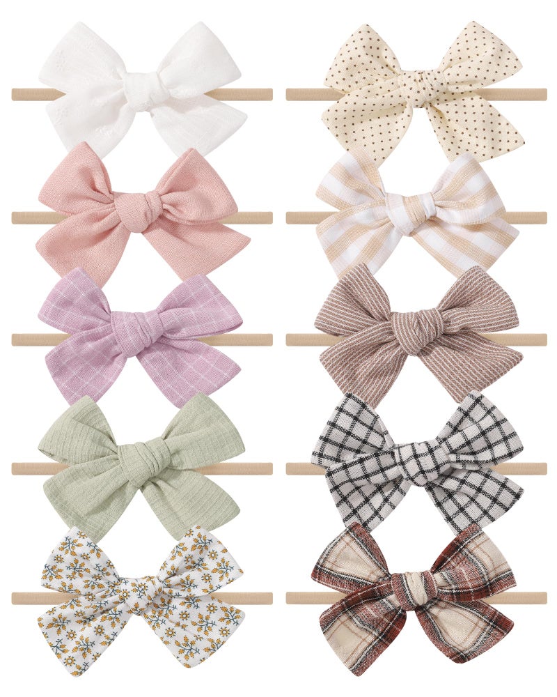 doboi 10PCS Baby Girls Headbands Hair Bows Nylon Cotton Linen Hairbands Fine Handmade Hair Accessories for Newborn Infant Toddlers Little Girls-Solid Plaid Stripe and Flowers - Image 1