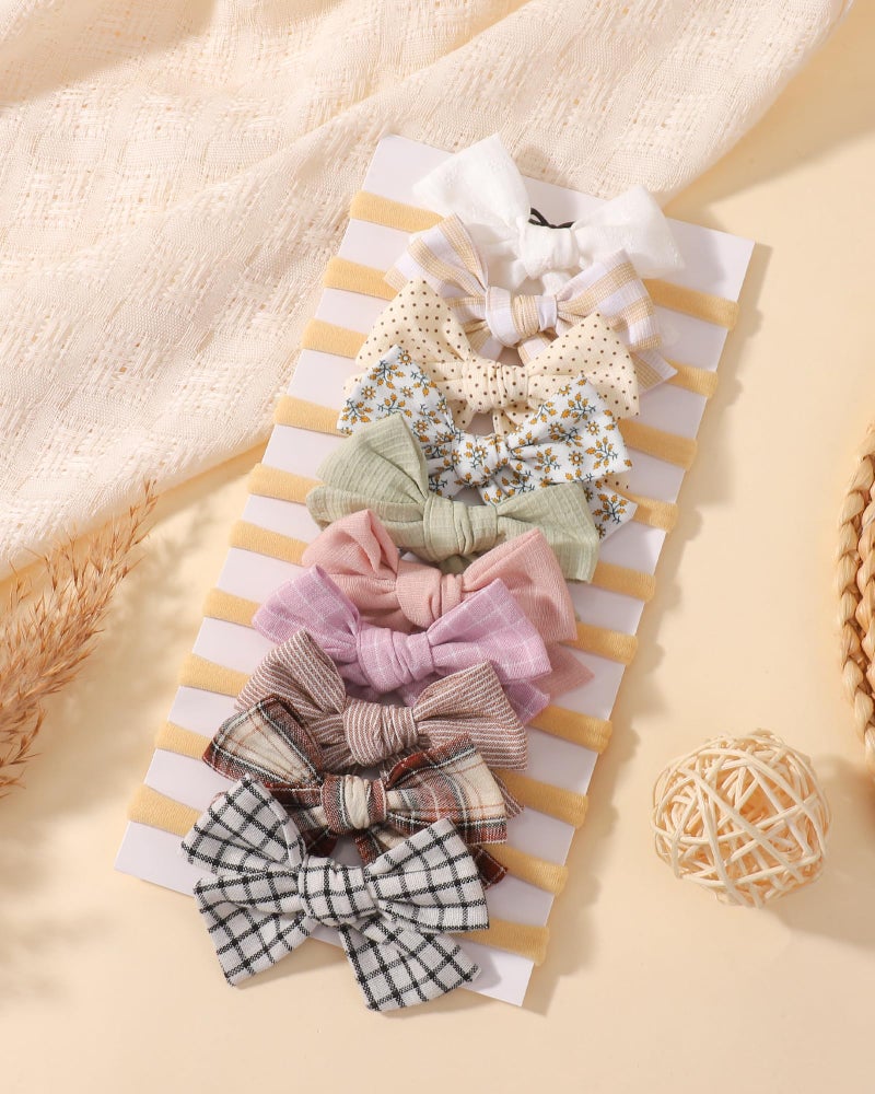 doboi 10PCS Baby Girls Headbands Hair Bows Nylon Cotton Linen Hairbands Fine Handmade Hair Accessories for Newborn Infant Toddlers Little Girls-Solid Plaid Stripe and Flowers - Image 3