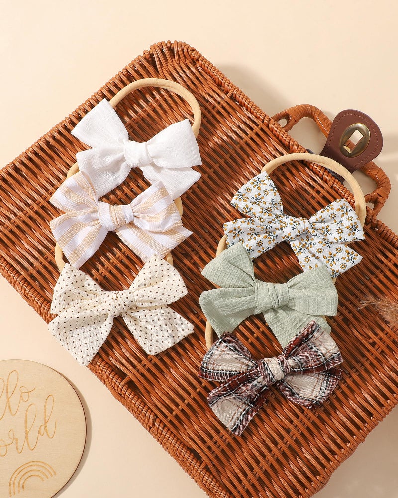 doboi 10PCS Baby Girls Headbands Hair Bows Nylon Cotton Linen Hairbands Fine Handmade Hair Accessories for Newborn Infant Toddlers Little Girls-Solid Plaid Stripe and Flowers - Image 5