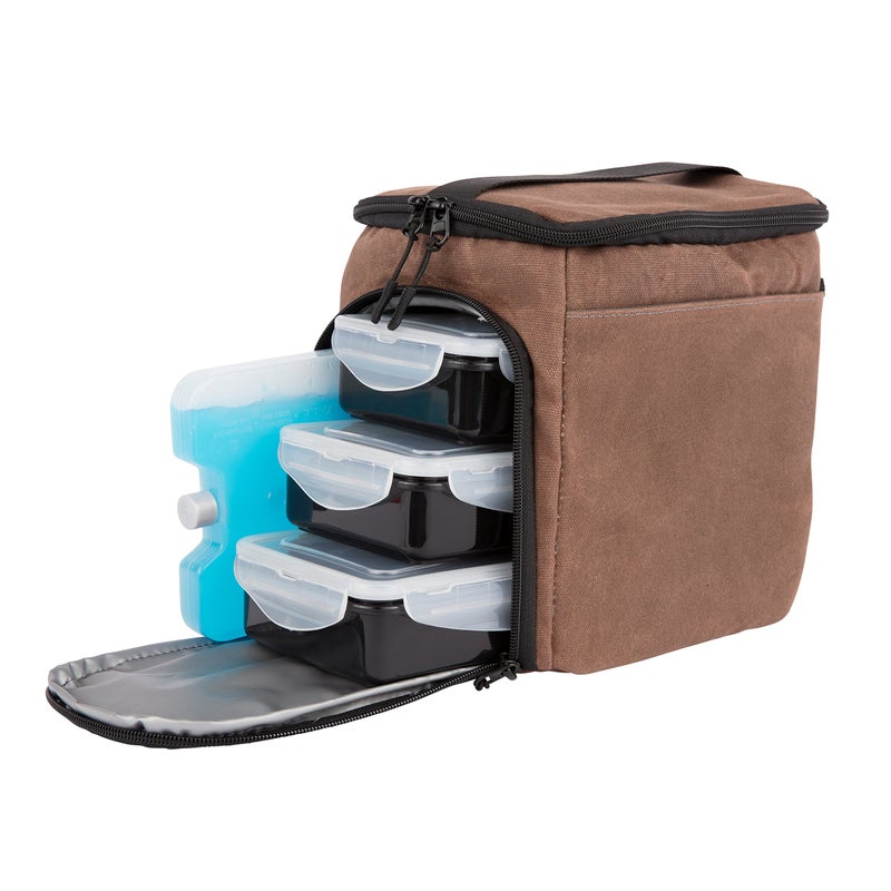 Evolutionize EDC Meal Prep Bag - Full Meal Prep Lunch Box Management System includes Portion Control Meal Prep Containers + Ice Pack (3 Meal Insulated Cooler Bag, Black) (3 meal (Mini), Brown (Waxed Canvas)) - Image 3
