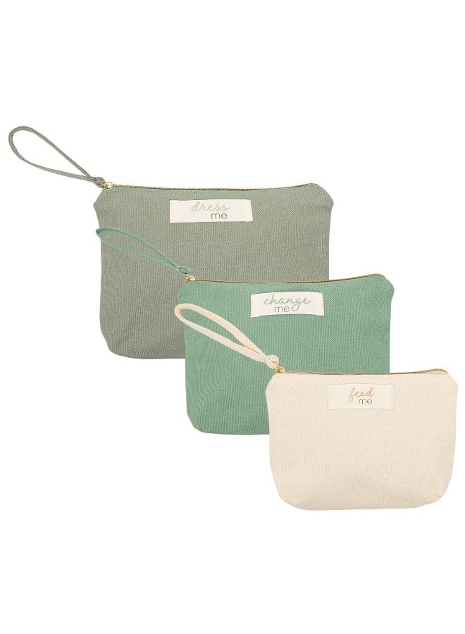 Pearhead Baby Diaper Bag Organizing Pouch Set – Feed Me, Change Me, Dress Me – Zip Pouches Made from Recycled Cotton, Gender Neutral Diaper Bag Accessories and Baby Essentials Organizer - Set of 3 - Image 1