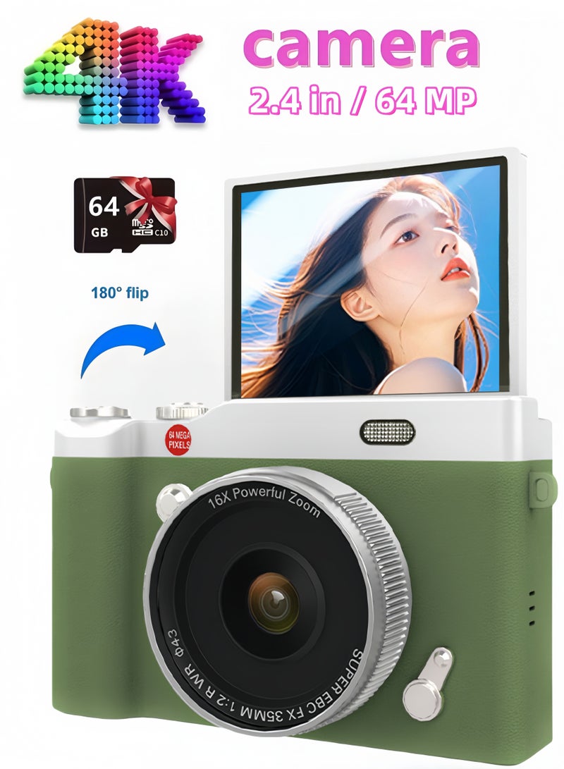 LAYRA 4k CCD Digital Zoom Student Digital Camera 64MP Portable Digital Photography Camera 180° Flip Screen Selfie Camera，with 64GB SD card  - Image 1