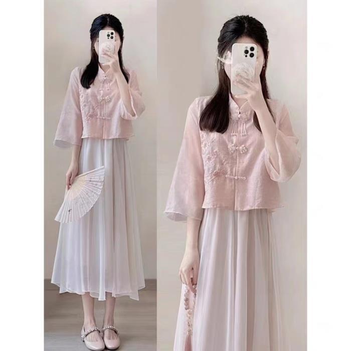 Pink National Style New Chinese Style Womens Embroidered Shirt Womens 2023 Summer Loose New Style Top Coat Improved Hanfu Pink Suit (Lined)#5117