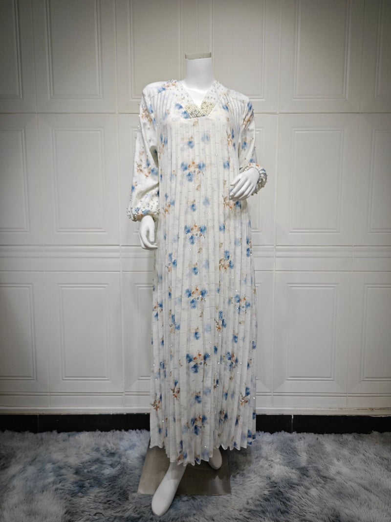 AB546 Fashion Printed Pleated Long Sleeve Dress with Beaded Details - Casual Jalabiya