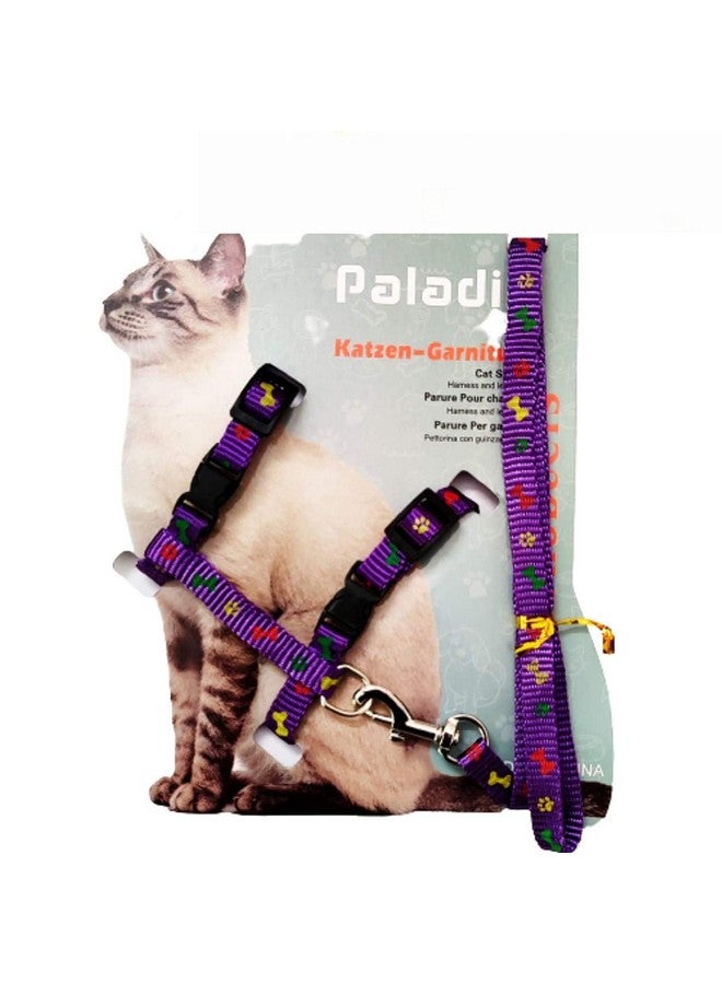 طقم مقود من النايلون للقطط والأرانب والقطط الصغيرة والحيوانات الأليفة الصغيرة | مقود تدريب القطط (أرجواني، طبعة مخلب عظمي) - Image 1