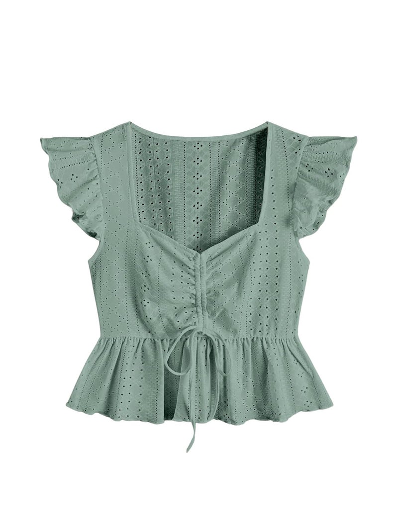 SweatyRocks Women's Ruffle Hem Cap Sleeve Shirts Sweetheart Neck Peplum Blouse Top Mint Green X-Large - Image 1