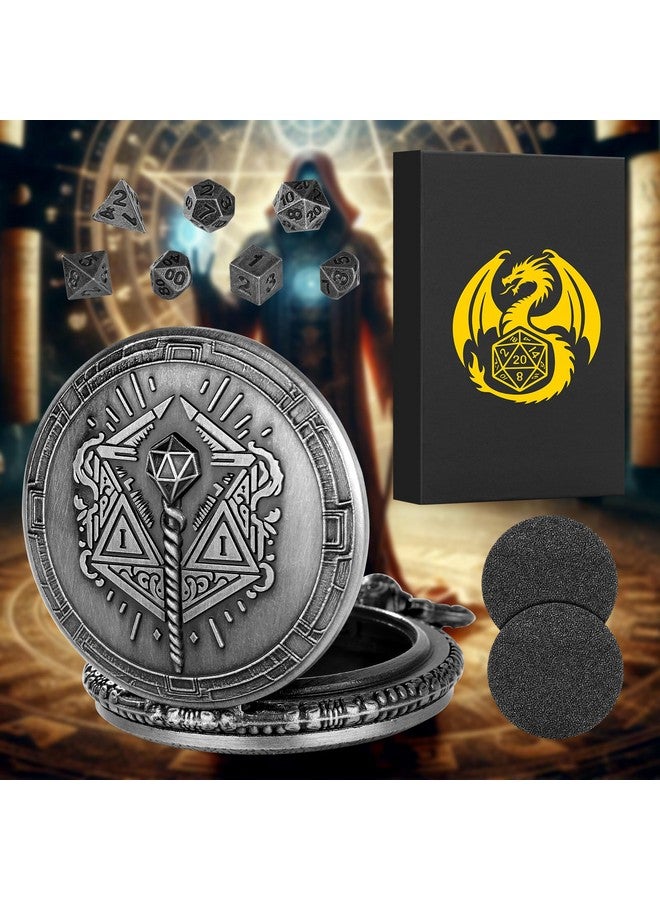 Keller & Weber Mini DND Dice Set with Steampunk Wand Pocket Watch Case, Tiny 7-Piece Polyhedral Metal D&D Dice, DND Gifts with Gift Box, Role Playing Game Board Game Accessories Dice, Dark Silver  - Image 2