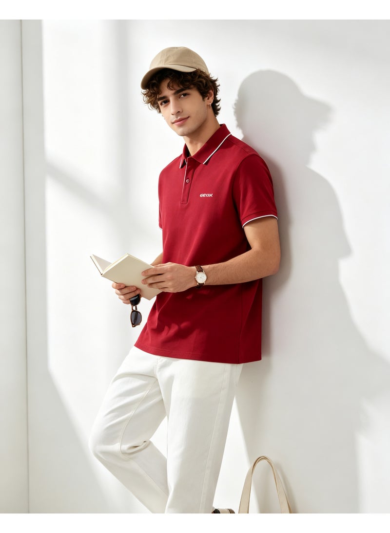 GEOX Men Contrast Trim Short Sleeve Polo Shirt Casual Daily Summer Top Red - Image 3