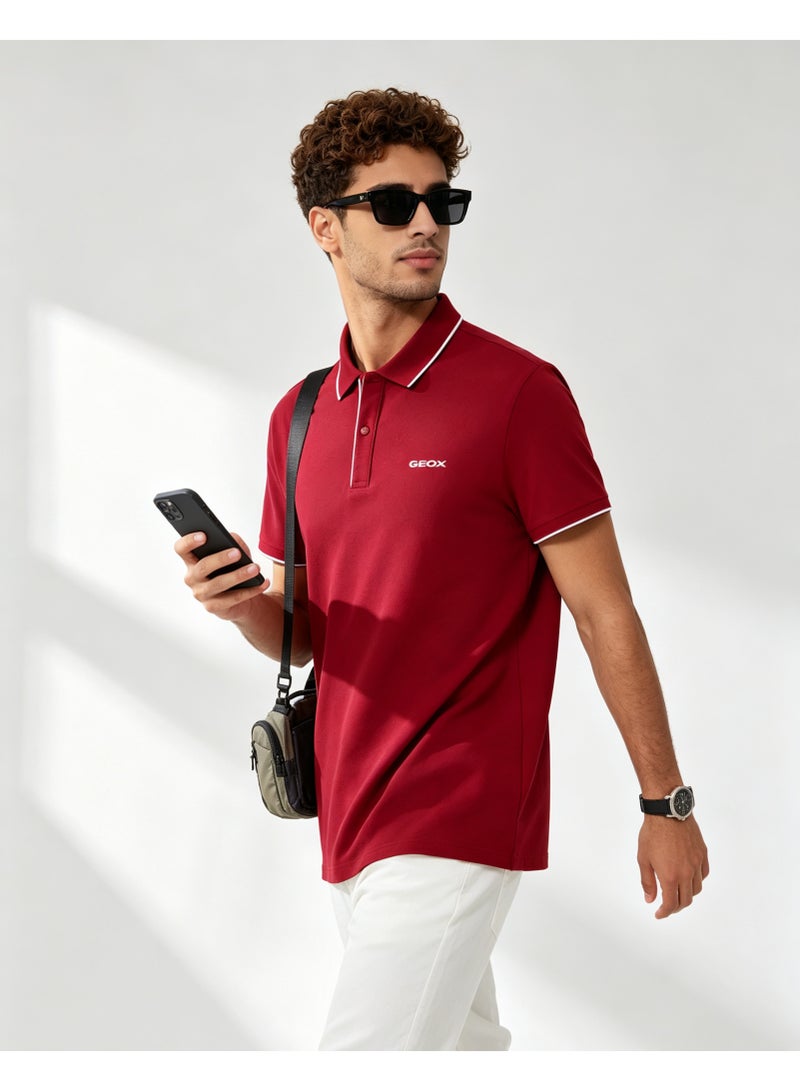 GEOX Men Contrast Trim Short Sleeve Polo Shirt Casual Daily Summer Top Red - Image 2