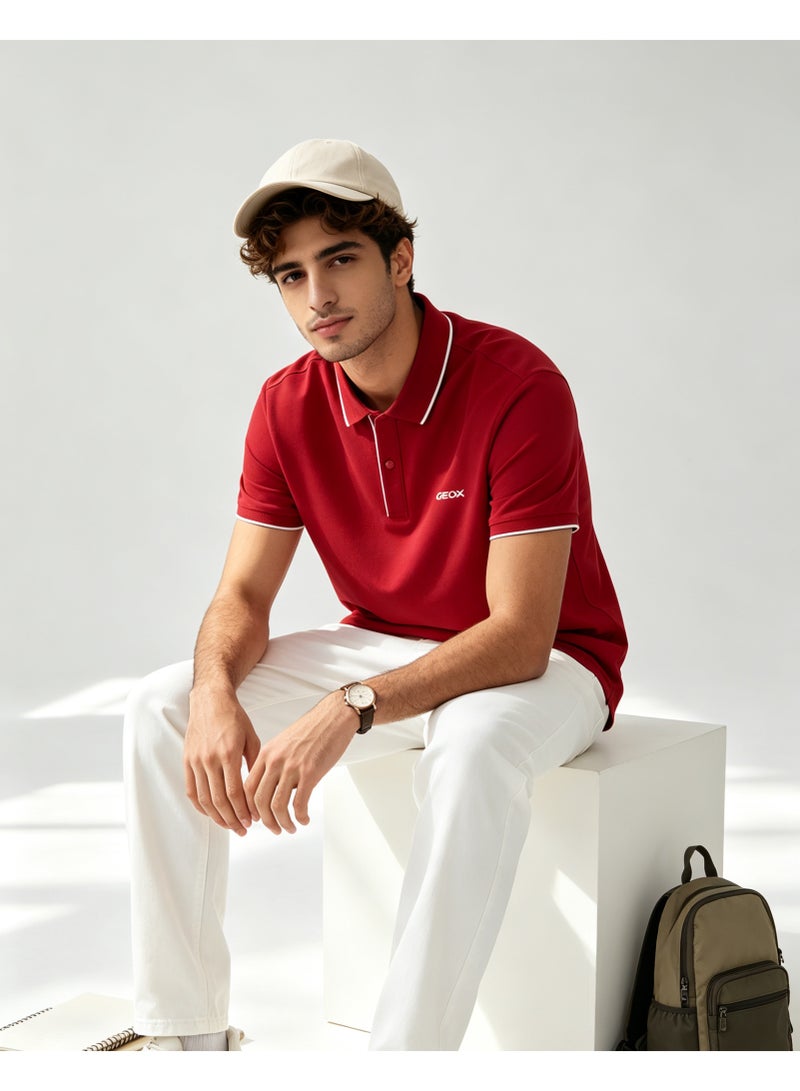 GEOX Men Contrast Trim Short Sleeve Polo Shirt Casual Daily Summer Top Red - Image 1