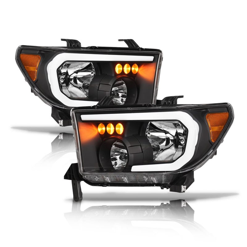 Alpha Owls 8712214 Crystal Headlights With White LED Light Bar Black Amber Fits 20072013 Toyota Tundra 20082017 Toyota Sequoia
