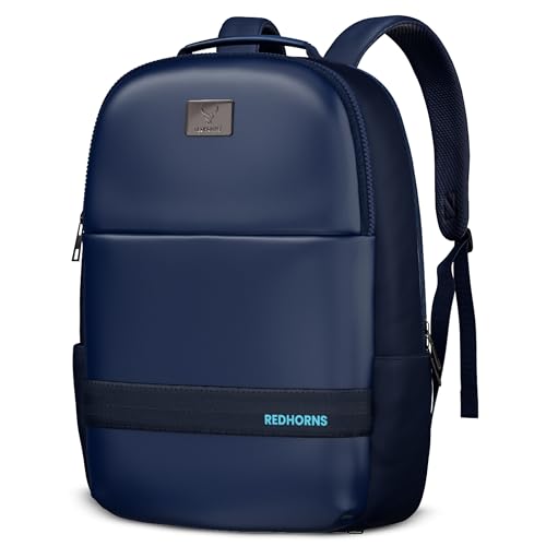 REDHORNS Faux Leather 15.6-Inch Laptop Backpack for Men and Women with Rain Cover, Anti-Theft Travel Water Resistant Laptop Bag for Office, College, School (Blue) - Image 1