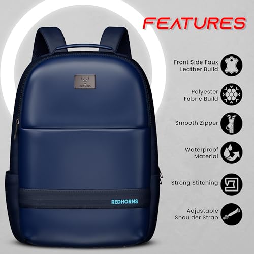 REDHORNS Faux Leather 15.6-Inch Laptop Backpack for Men and Women with Rain Cover, Anti-Theft Travel Water Resistant Laptop Bag for Office, College, School (Blue) - Image 2