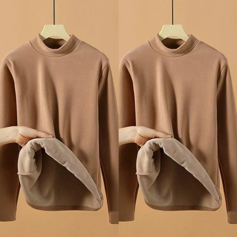 fleece-lined Base Shirt Womens plus size Autumn and Winter Thickened Warm Clothes Half-high Neck Velvet Long-sleeved Inner Top Autumn Clothes Khaki + khaki [affordable two-pack]
