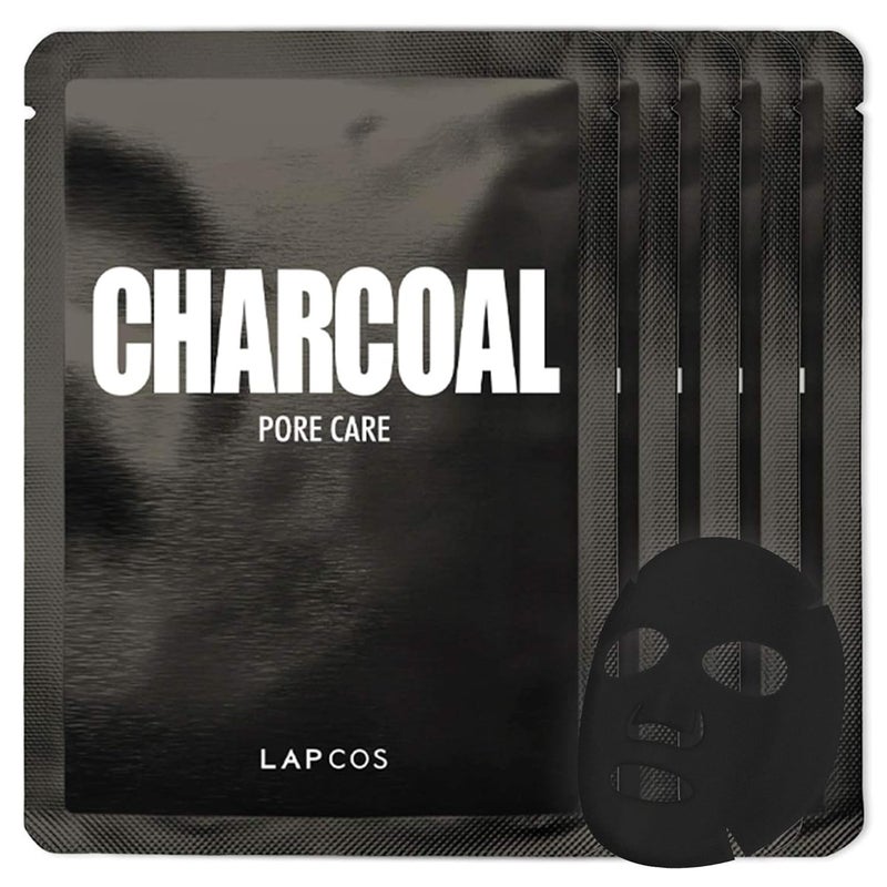 LAPCOS Charcoal Sheet Mask Daily Face Mask with Salicylic Acid and Tea Tree Oil to Detoxify and Tighten Skin Korean Beauty Favorite 5Pack