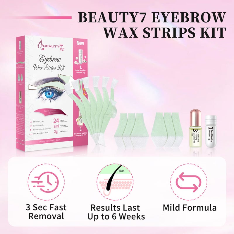 Beauty7 Hair Removal Kit, Eyebrow Wax Strips Kit Facial Wax Strips 24 Strips with Pearl Powder Essential Oil for Sensitive All Skin Types Women - Image 2