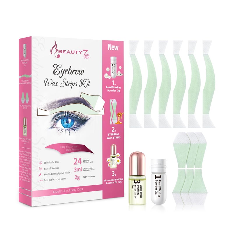 Beauty7 Hair Removal Kit, Eyebrow Wax Strips Kit Facial Wax Strips 24 Strips with Pearl Powder Essential Oil for Sensitive All Skin Types Women - Image 1
