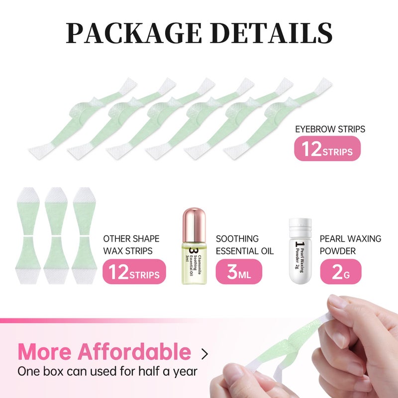 Beauty7 Hair Removal Kit, Eyebrow Wax Strips Kit Facial Wax Strips 24 Strips with Pearl Powder Essential Oil for Sensitive All Skin Types Women - Image 3