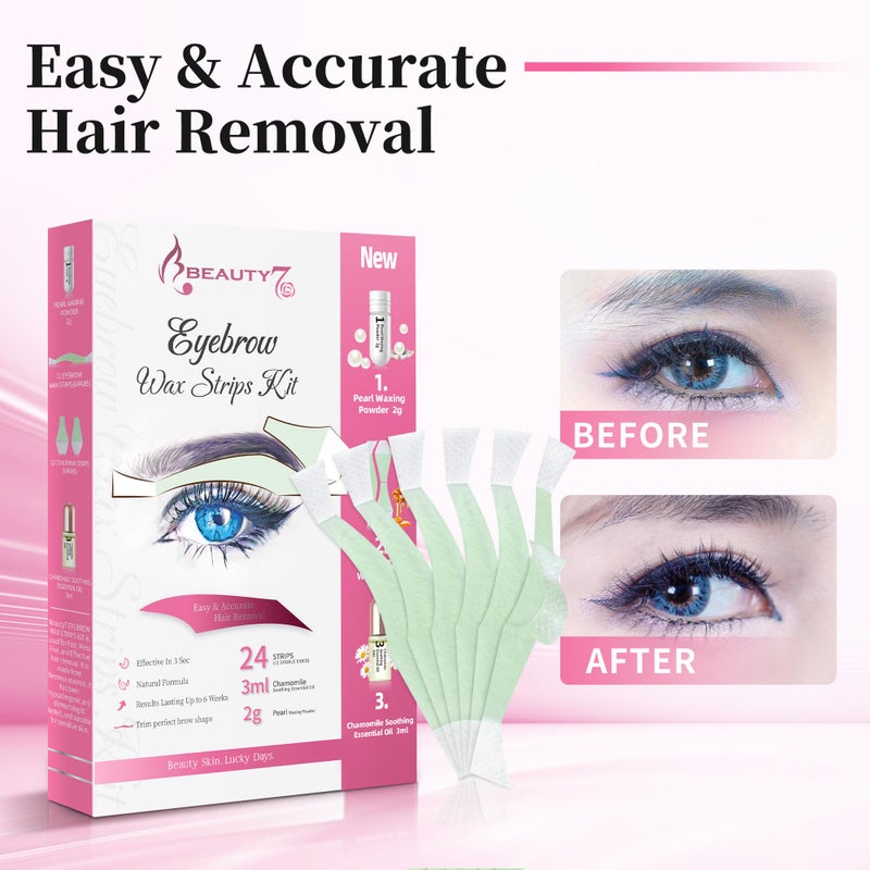 Beauty7 Hair Removal Kit, Eyebrow Wax Strips Kit Facial Wax Strips 24 Strips with Pearl Powder Essential Oil for Sensitive All Skin Types Women - Image 4