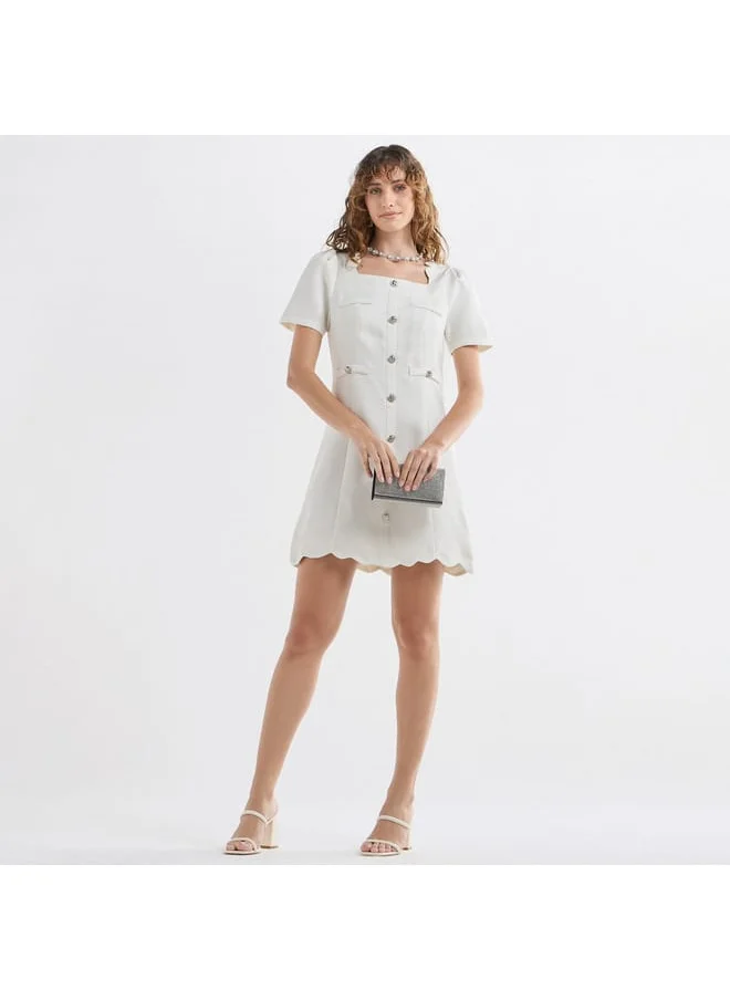 FAV Textured Scallop Hem Mini Dress with Short Sleeves and Square Neck