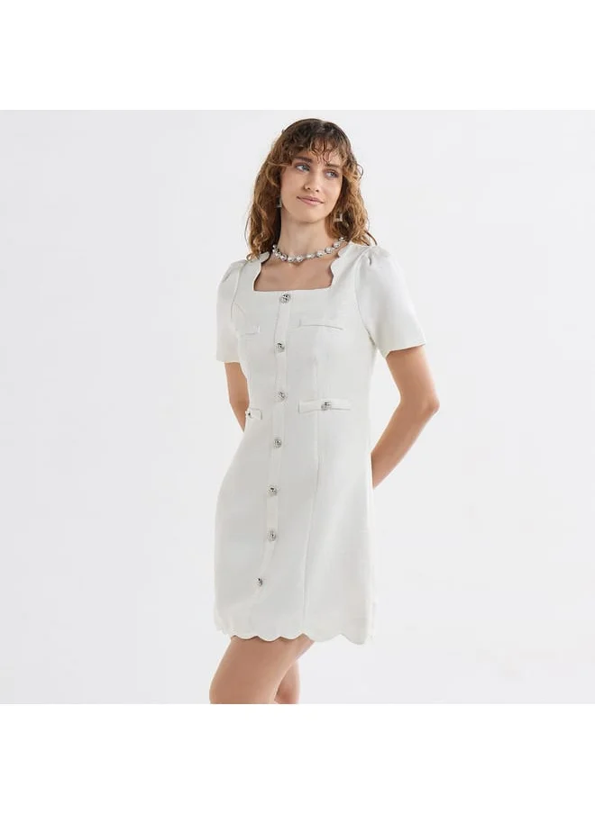 FAV Textured Scallop Hem Mini Dress with Short Sleeves and Square Neck