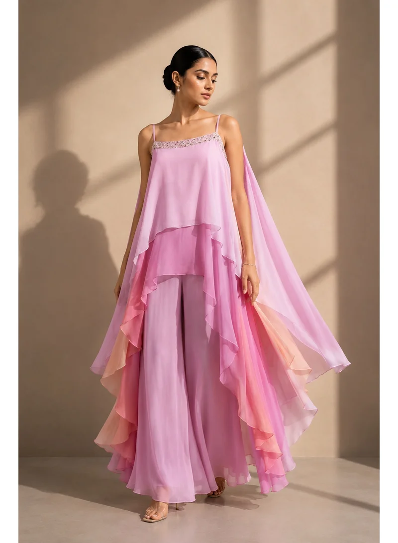 Lehar Pink Ombre Layered Chiffon Cape Top with Wide-Leg Palazzo Set