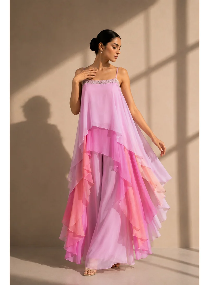 Lehar Pink Ombre Layered Chiffon Cape Top with Wide-Leg Palazzo Set