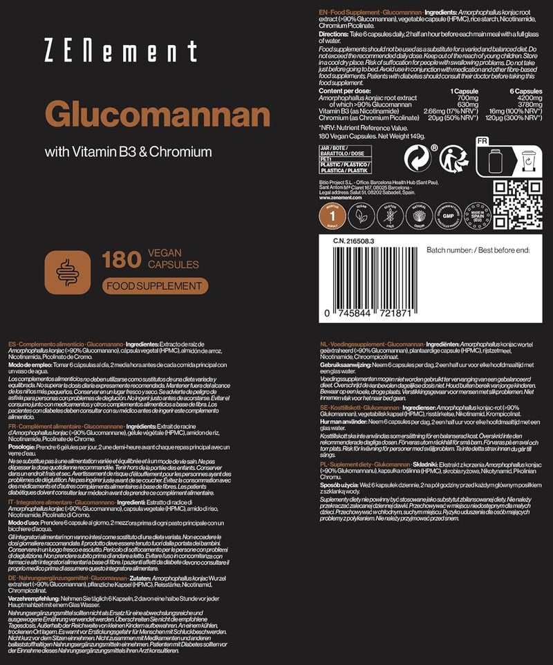 Zenement Glucomannan 4200 mg per Daily Dose with Vitamin B3 and Chromium Konjac Root Fibre for Weight Control 180 Vegan Capsules Zenement - Image 4