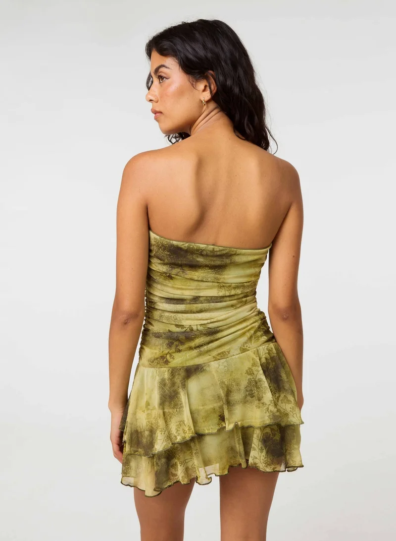 بينك فانيلا Bandeau Mesh Printed Tie Front Mini Dress