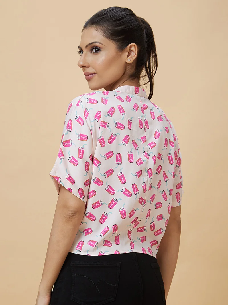 globus Women White Conversational Printed Mandarin Collar Waist Tie-Ups Shirt Style Top