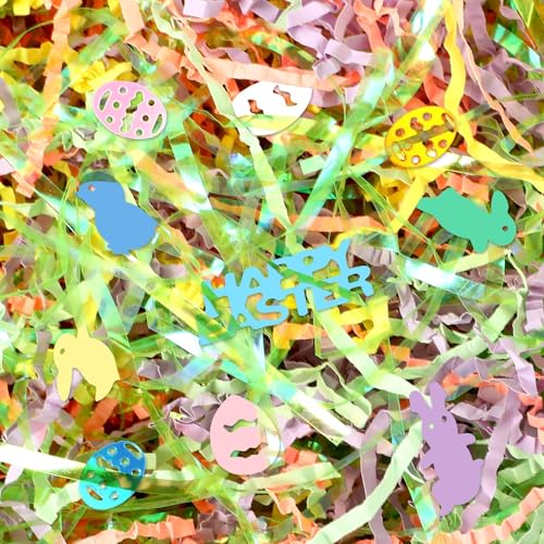 Jansun Easter Grass Crinkle Cut Paper, 115g/4oz Easter Iridescent Shred Paper Filler with Easter Confetti for Easter Gift Box Grass Basket Filler Gift Wrapping Easter Decorations