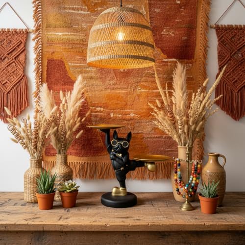 SkyKey Dual Tray French Bulldog Yoga Pose Figurine – Resin Dog Statue with Sunglasses & Golden Serving Plates Wallets, Remotes, Candy – Black Bulldog Desk Storage for Home and Office - Image 2