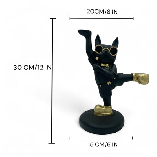 SkyKey Dual Tray French Bulldog Yoga Pose Figurine – Resin Dog Statue with Sunglasses & Golden Serving Plates Wallets, Remotes, Candy – Black Bulldog Desk Storage for Home and Office - Image 5