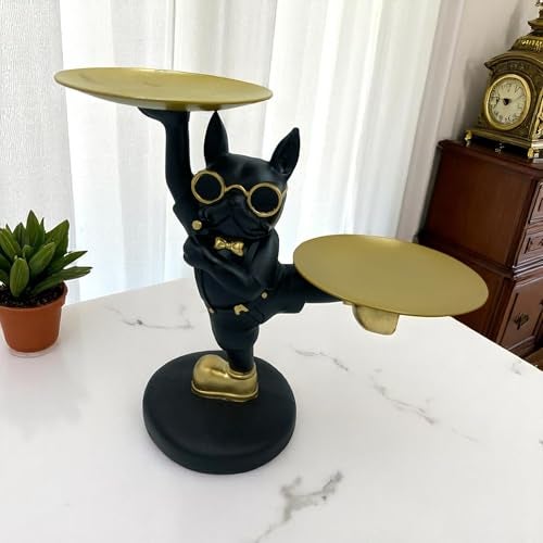 SkyKey Dual Tray French Bulldog Yoga Pose Figurine – Resin Dog Statue with Sunglasses & Golden Serving Plates Wallets, Remotes, Candy – Black Bulldog Desk Storage for Home and Office - Image 4
