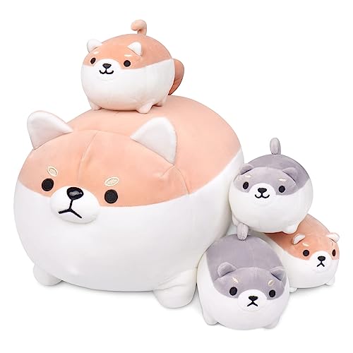 Auspicious beginning Shiba Inu Plush, 5 PCS Shiba Inu Stuffed Animal Family, 16" Corgi Plushie Cute Soft Plushies Pillow Toy Anime Kawaii Plush Soft Corgi Pillow,Dog Mommy with 4 Puppies Toy Gifts for Boys Girls - Image 1