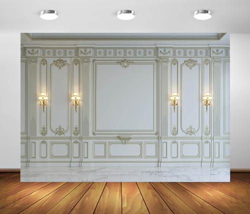 BELECO 7x5ft Fabric Vintage Living Room Backdrop Classic White Wall Interior European Frame Castle Wall Photography Background Empty Living Room Wallpaper Birthday Party Decoration Photo Studio Prop - Image 2