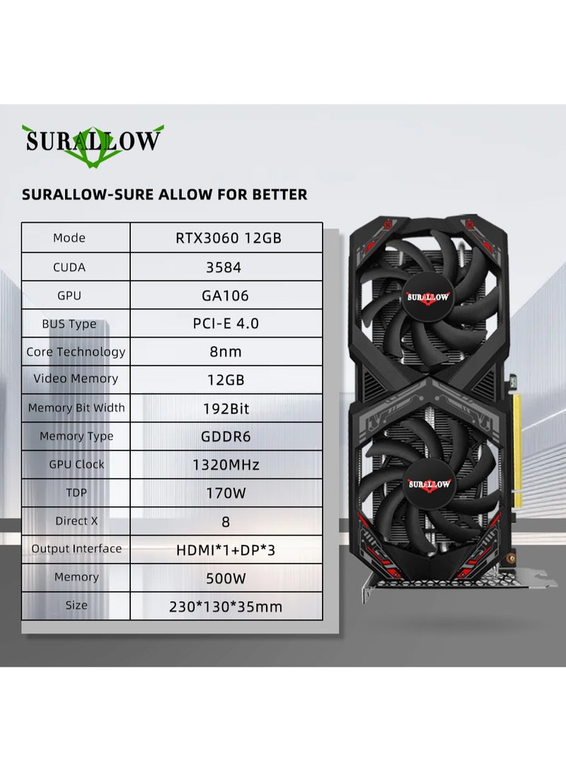 سورالوا بطاقة رسومات الألعاب SURALLOW NVIDIA GeForce RTX 3060 - PCIe 4.0، 12 جيجابايت GDDR6، HDMI، DisplayPort 1.4a، لوحة خلفية واقية. - Image 2