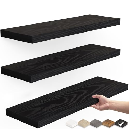 BAYKA Floating Shelves for Wall Wall Mounted Rustic Wood Shelves for Bathroom Bedroom Living Room Kitchen Hanging Shelf for BooksStorageRoom Decor with 22lbs Capacity Black Set of 3 157in