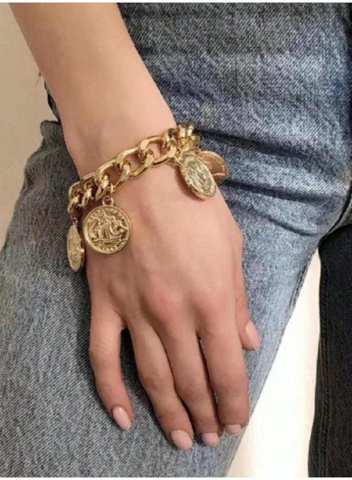 شي إن سوار نسائي من سلسلة سميكة مكون من قطعة واحدة مع حليات على شكل عملة معدنية عتيقة وإكسسوارات هندسية - Image 2