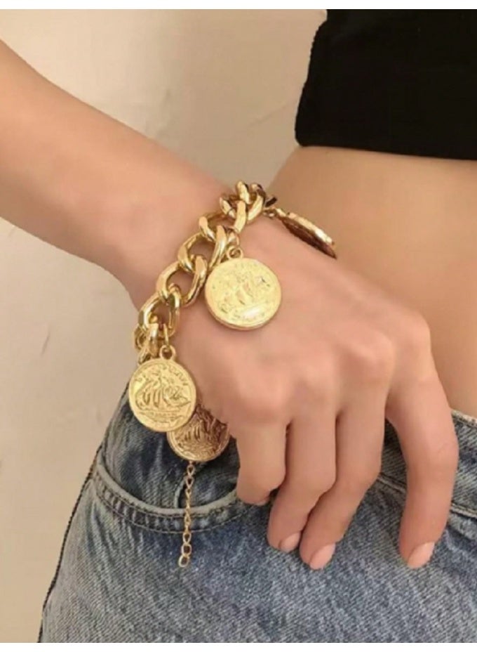 شي إن سوار نسائي من سلسلة سميكة مكون من قطعة واحدة مع حليات على شكل عملة معدنية عتيقة وإكسسوارات هندسية - Image 1